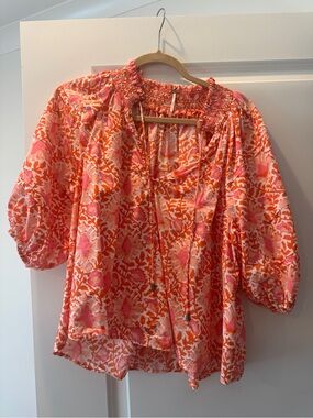 Free People Pink & Orange Printed Peasant Blouse